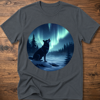 Dark gray dog graphic t-shirt with circular aurora scene and dog silhouette