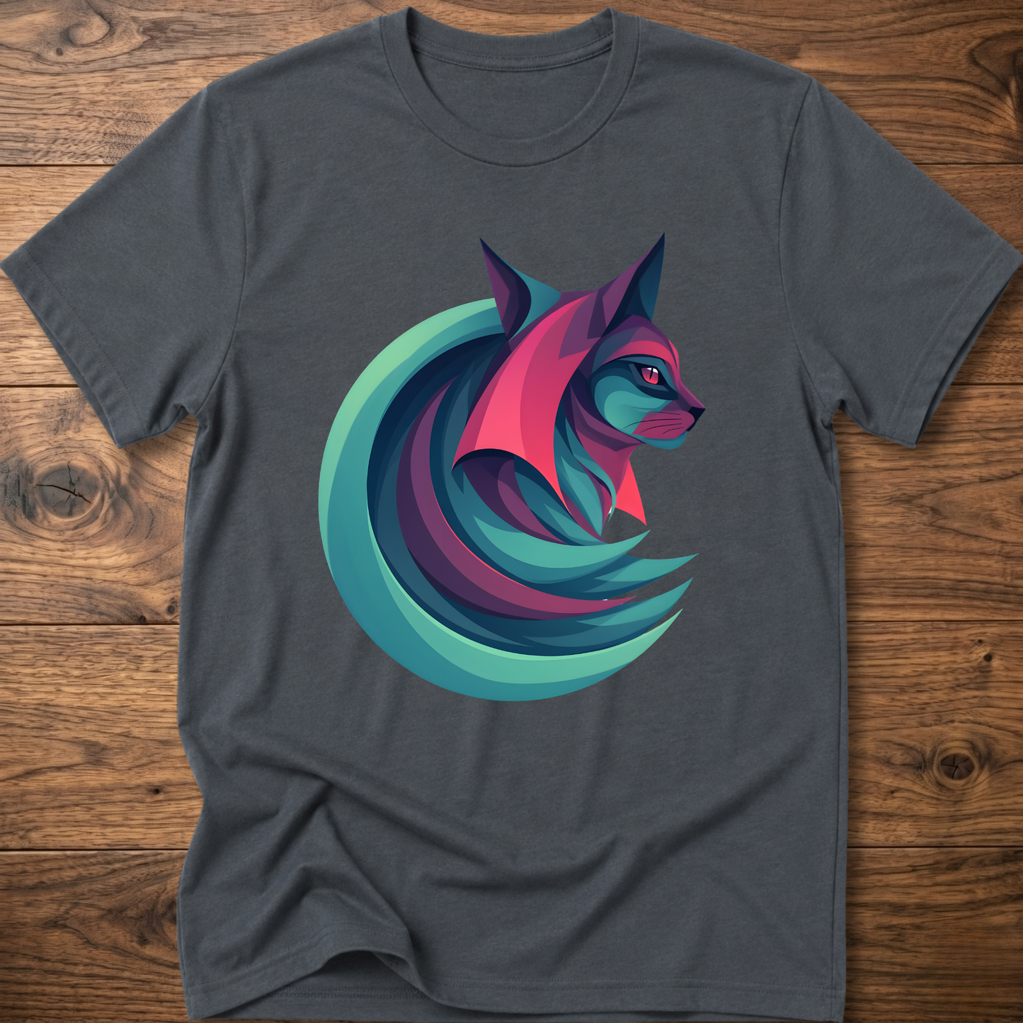 Geometric cat graphic T-shirt, charcoal gray, crew neck short sleeves