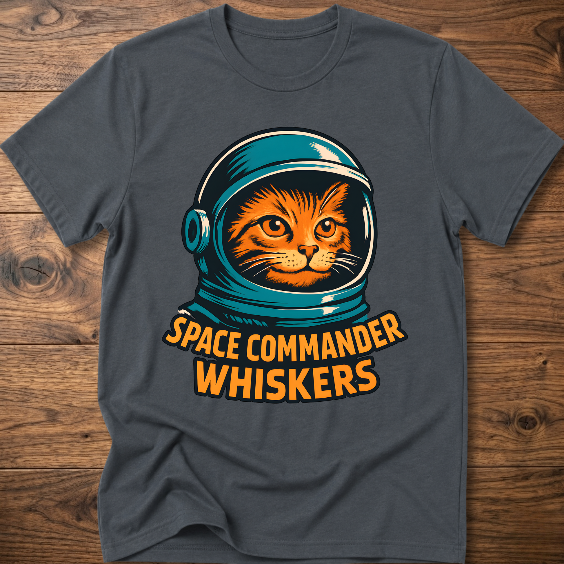 Astronaut cat graphic T-shirt, heather gray-blue; “SPACE COMMANDER WHISKERS” print