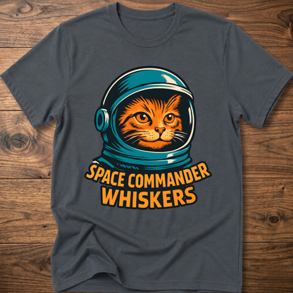 Astronaut cat graphic T-shirt, heather gray-blue; “SPACE COMMANDER WHISKERS” print