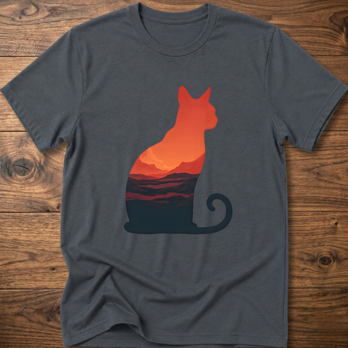 Martian cat graphic t-shirt, heather navy gray; orange cat sunset landscape print