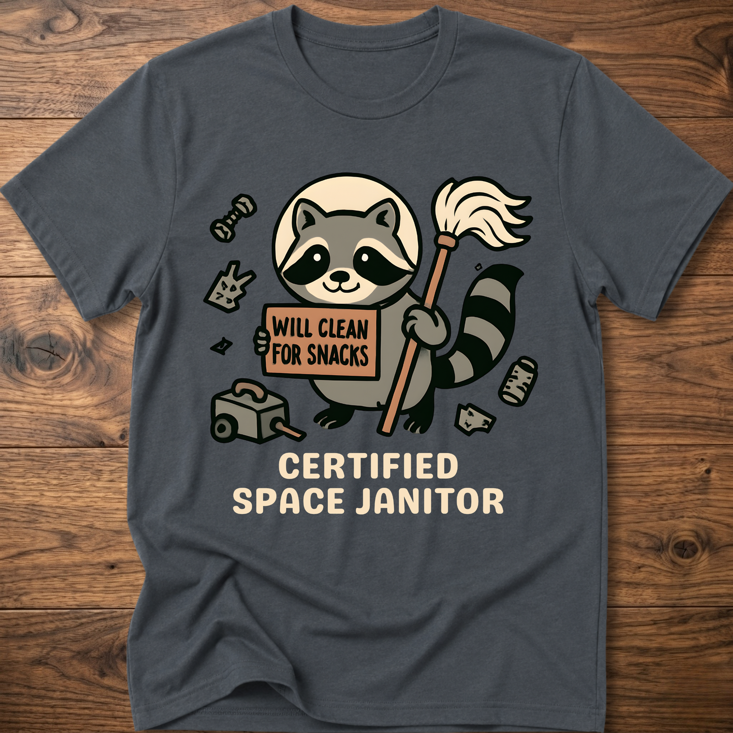 Raccoon space janitor graphic t-shirt, charcoal gray