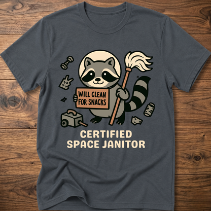 Raccoon space janitor graphic t-shirt, charcoal gray