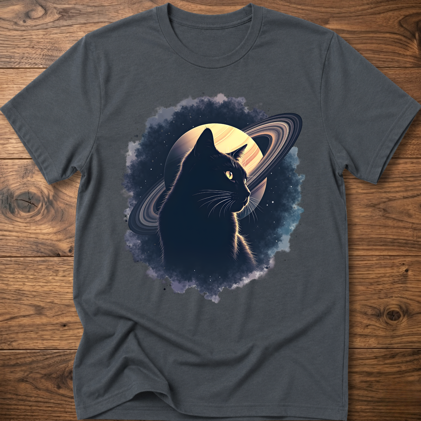 Charcoal gray cat graphic t-shirt with moon and swirl design, crew neck short sleeves
