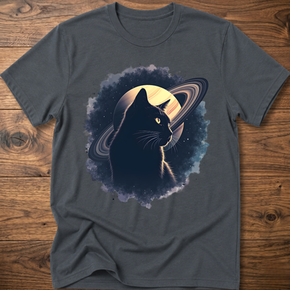 Charcoal gray cat graphic t-shirt with moon and swirl design, crew neck short sleeves