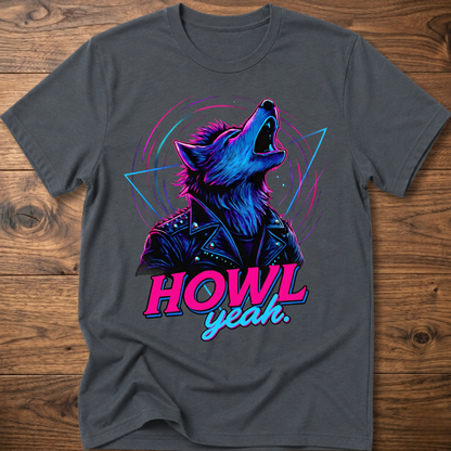 Charcoal gray wolf graphic t-shirt with neon 'Howl Yeah' text print