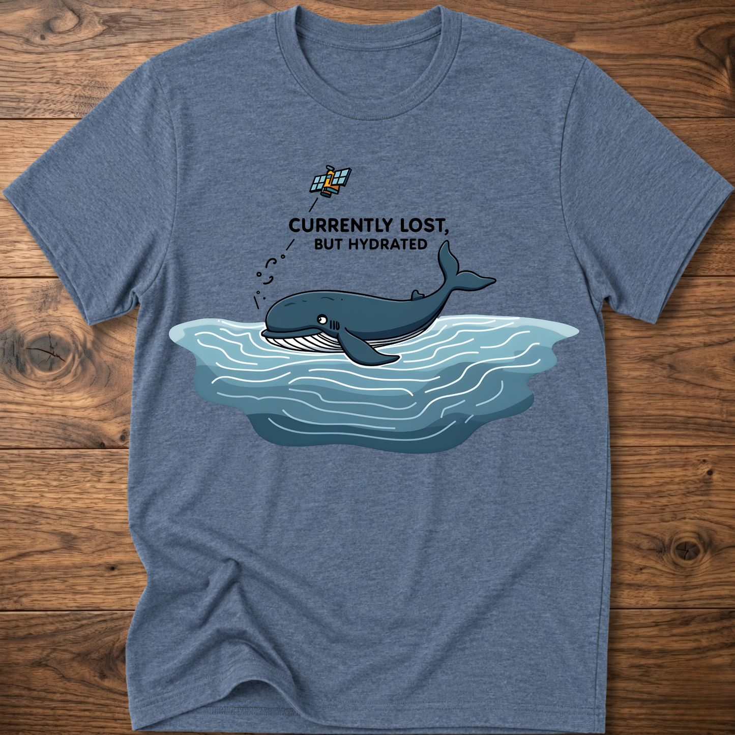 Heather indigo crew-neck T-shirt with whale in water graphic on chest