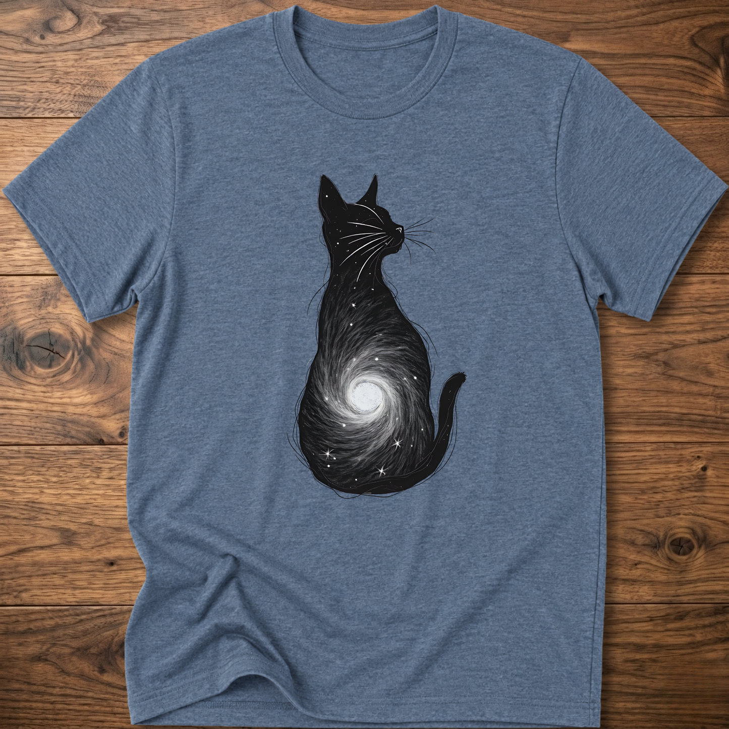 Heather blue cat graphic t-shirt with black cat silhouette and spiral galaxy swirl