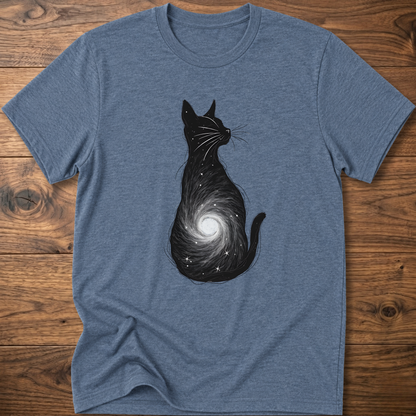Heather blue cat graphic t-shirt with black cat silhouette and spiral galaxy swirl