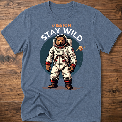 Heather blue crew-neck T-shirt with 'Mission Stay Wild' astronaut bear graphic