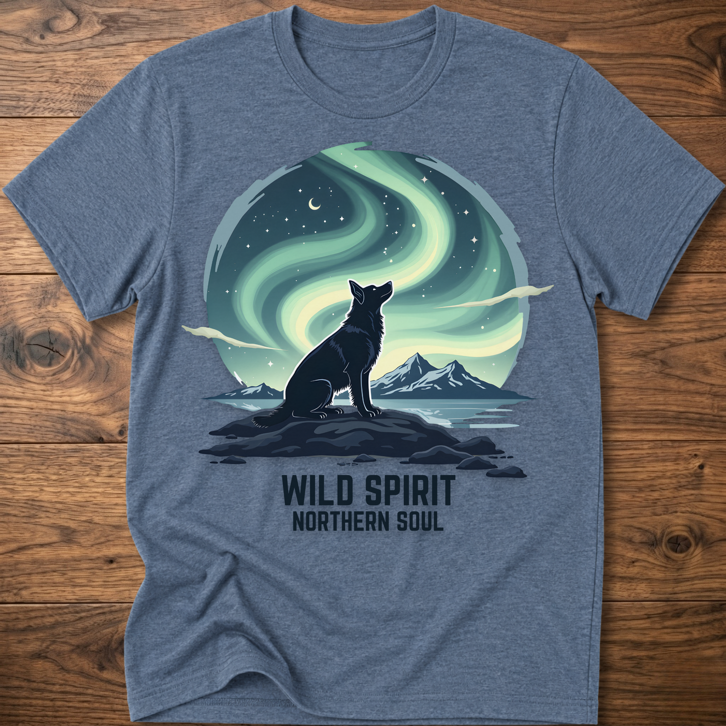 Blue crewneck T-shirt with cat aurora graphic and 'WILD SPIRIT NORTHERN SOUL'