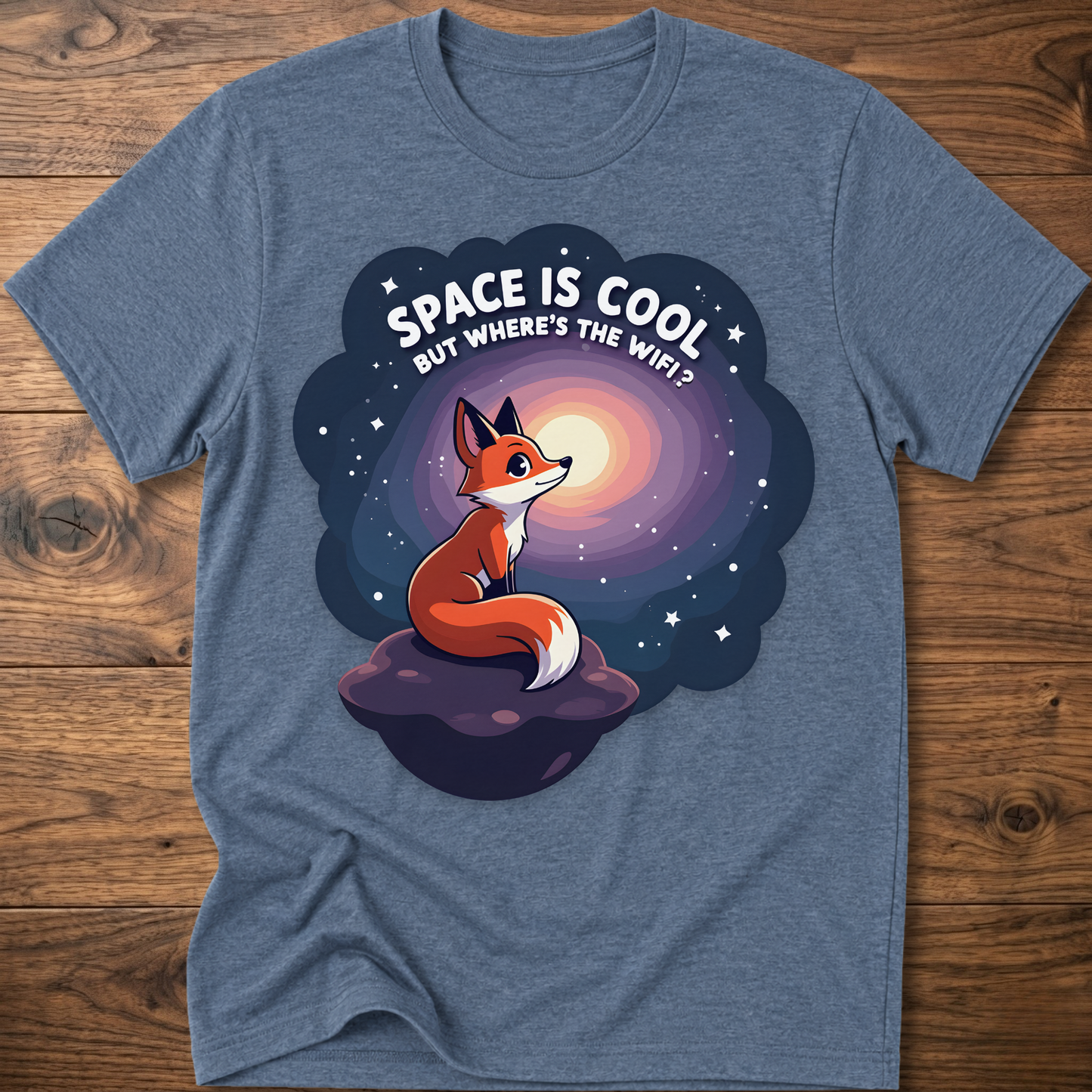 Heather blue t-shirt with cartoon fox in space swirl graphic and “SPACE IS COOL” text