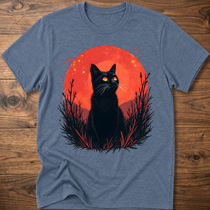 Heather blue T-shirt with black cat graphic in red-orange halo and night-plant silhouettes