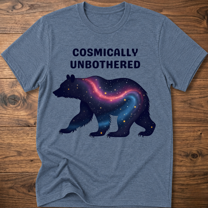 Blue graphic t-shirt with cosmic bear and COSMICALLY UNBOTHERED lettering