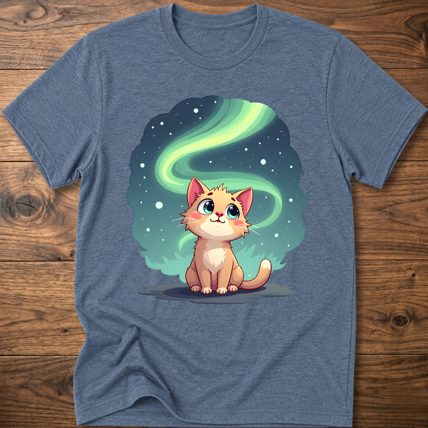 Slate blue kitty graphic t-shirt with glowing green swirl and cute cat
