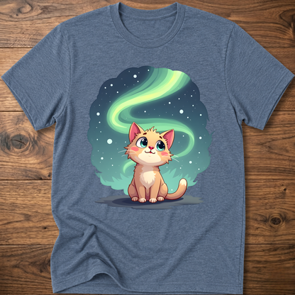 Slate blue kitty graphic t-shirt with glowing green swirl and cute cat
