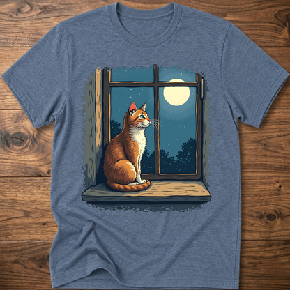 Light blue t-shirt with vintage cat sitting by a window under a moon