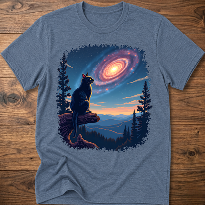 Heather slate blue cat galaxy t-shirt with standing cat, spiral nebula, pine trees