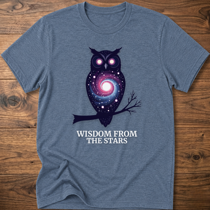 Light blue heather owl graphic t-shirt with glowing eyes and “Wisdom from the Stars”