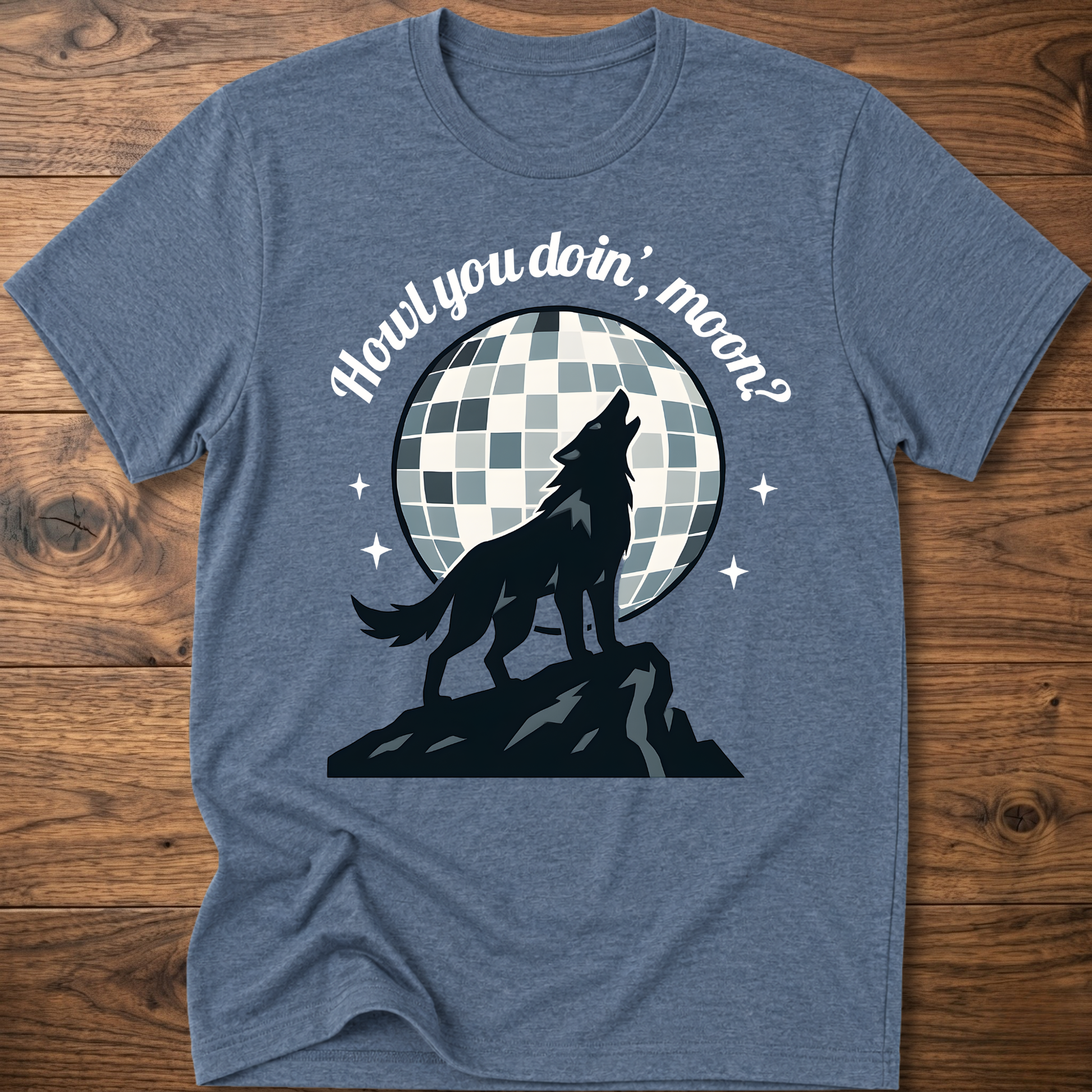 Light blue wolf graphic T-shirt with circular check background and slogan text