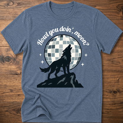 Light blue wolf graphic T-shirt with circular check background and slogan text