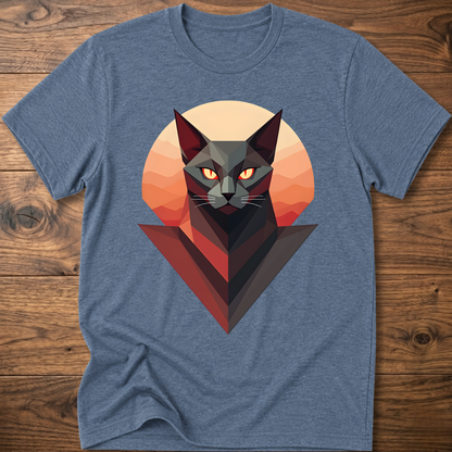 Light blue crew-neck cat geometric graphic T-shirt, short sleeves, low-poly cat portrait