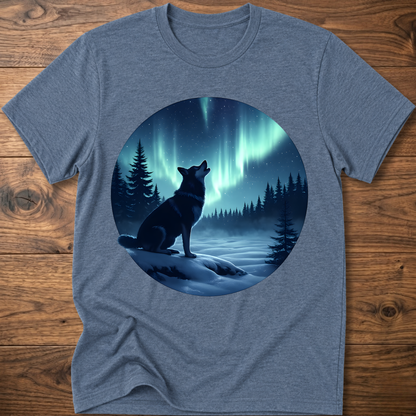Heather blue dog graphic t-shirt with circular aurora scene and dog silhouette