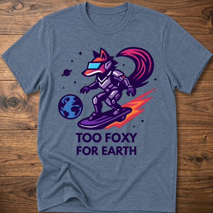Heather blue T-shirt with fox astronaut graphic: 'TOO FOXY FOR EARTH'