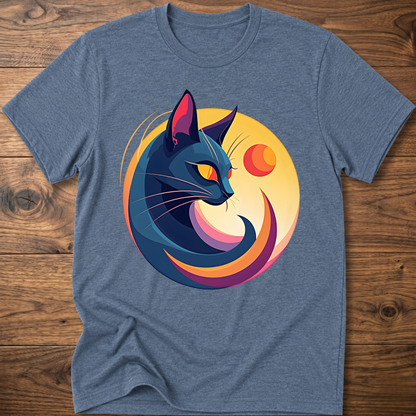 Heather blue cat and moon geometric graphic t-shirt, short-sleeve crew neck