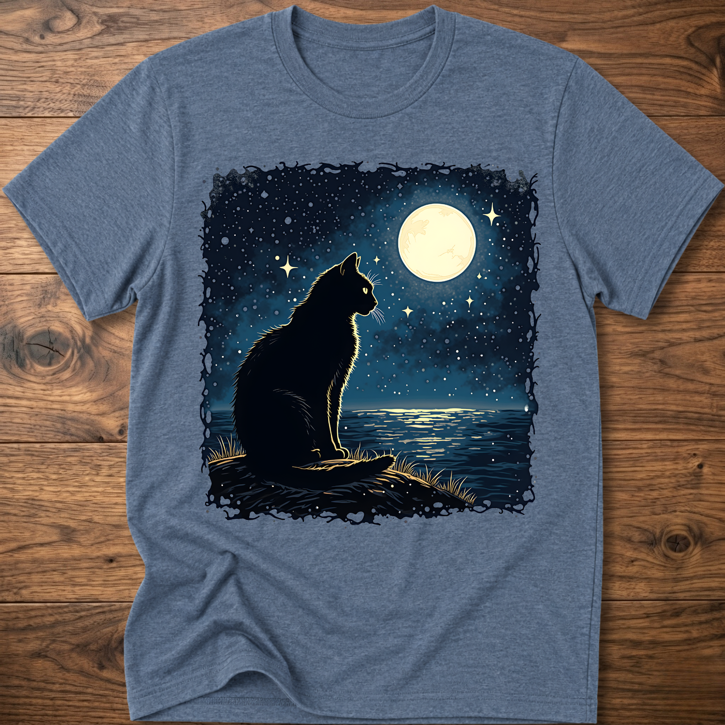 Heather blue T-shirt with black cat under moonlit night sky graphic, short sleeves
