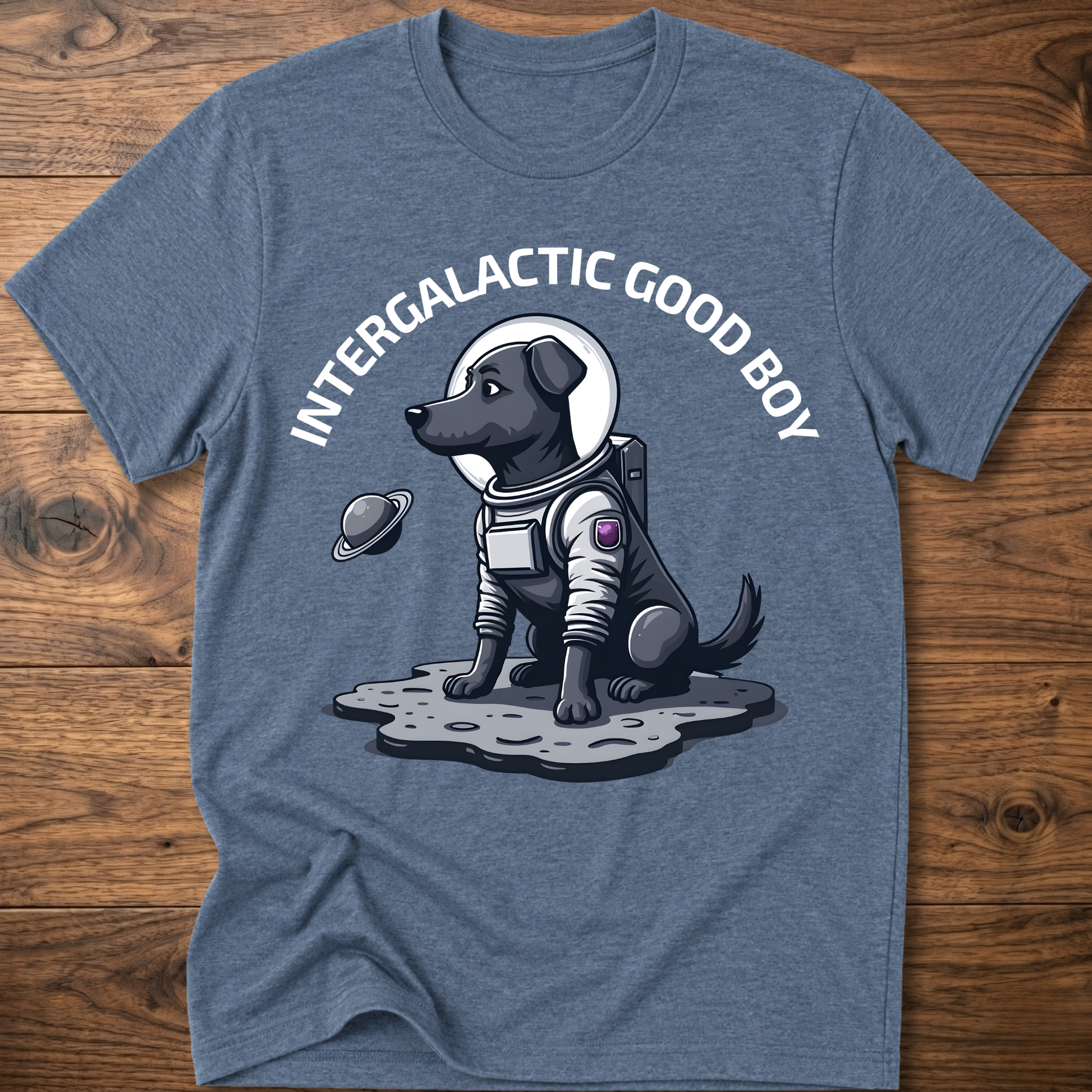 Heather blue “Intergalactic Good Boy” dog graphic T-shirt with short sleeves