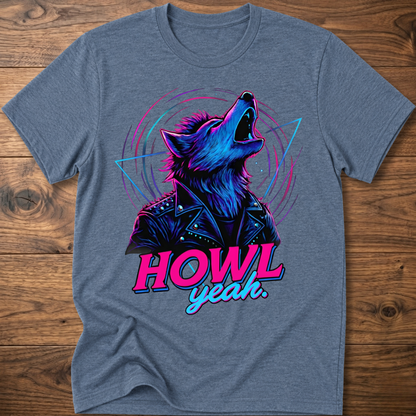 Heather blue wolf graphic t-shirt with neon 'Howl Yeah' text print