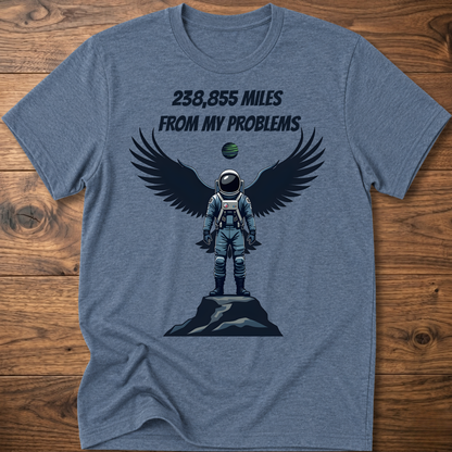 Heather blue crewneck t-shirt with astronaut-eagle graphic and text '238,855 Miles'.