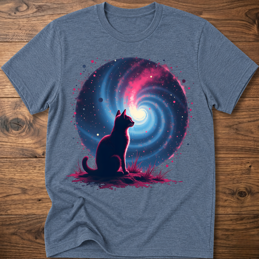 Heather blue cat galaxy graphic t-shirt with silhouetted cat, moon, and swirl space artwork