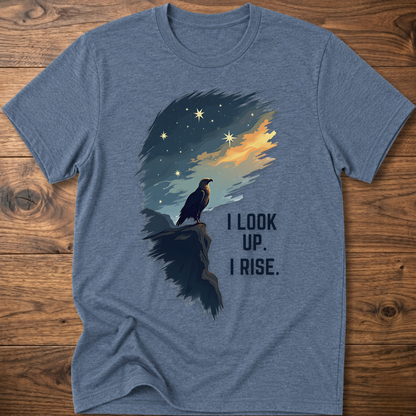 Heather blue T-shirt with raven sunrise graphic and 'I LOOK UP. I RISE.'