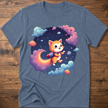 Heather blue kids' graphic T-shirt with smiling orange astronaut cat in a galaxy wreath