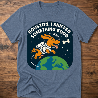 Light blue heather dog-themed graphic T-shirt with bone and earth illustration