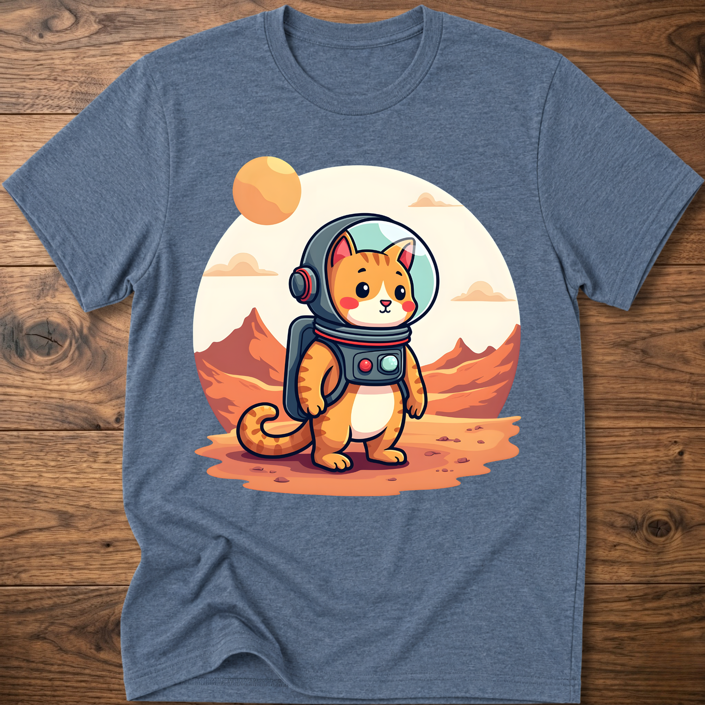 Heather blue crew-neck T-shirt with astronaut cat graphic in the center