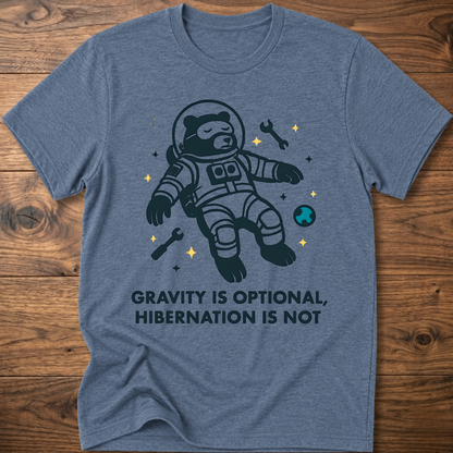 Hibernation bear astronaut t-shirt in heather blue with front astronaut graphic and slogan text