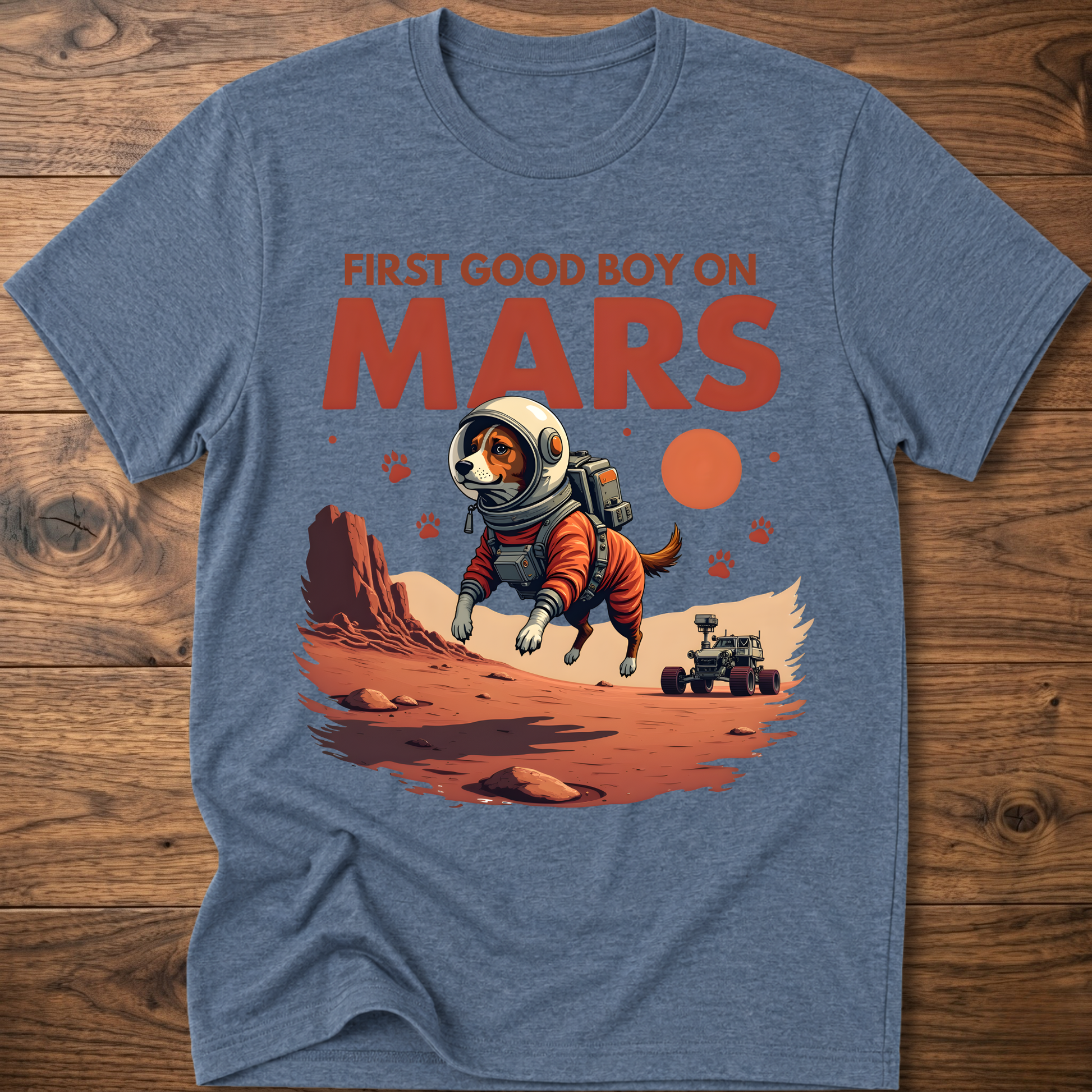 Blue crewneck t-shirt with astronaut dog and 'First Good Boy on Mars' graphic