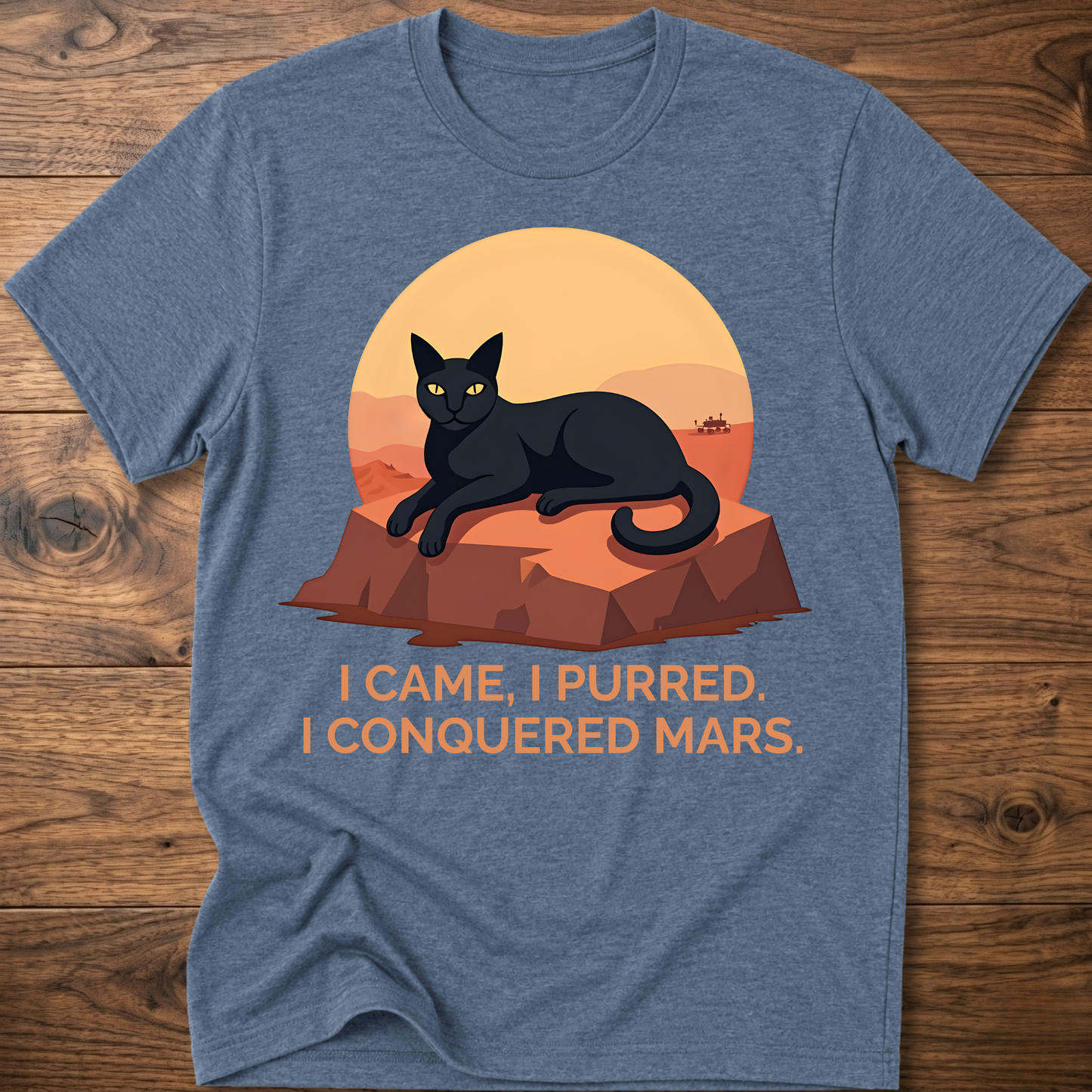 Conquered Cat T-shirt, light blue; lounging cat graphic with orange text 'I CAME, I PURRED.'