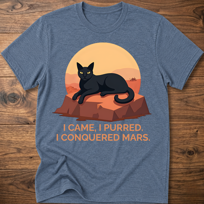 Conquered Cat T-shirt, light blue; lounging cat graphic with orange text 'I CAME, I PURRED.'