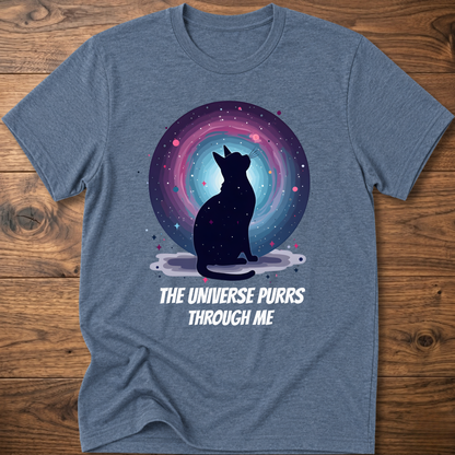 Heather blue cat t-shirt with cosmic cat silhouette and purple "The universe purrs through me" text