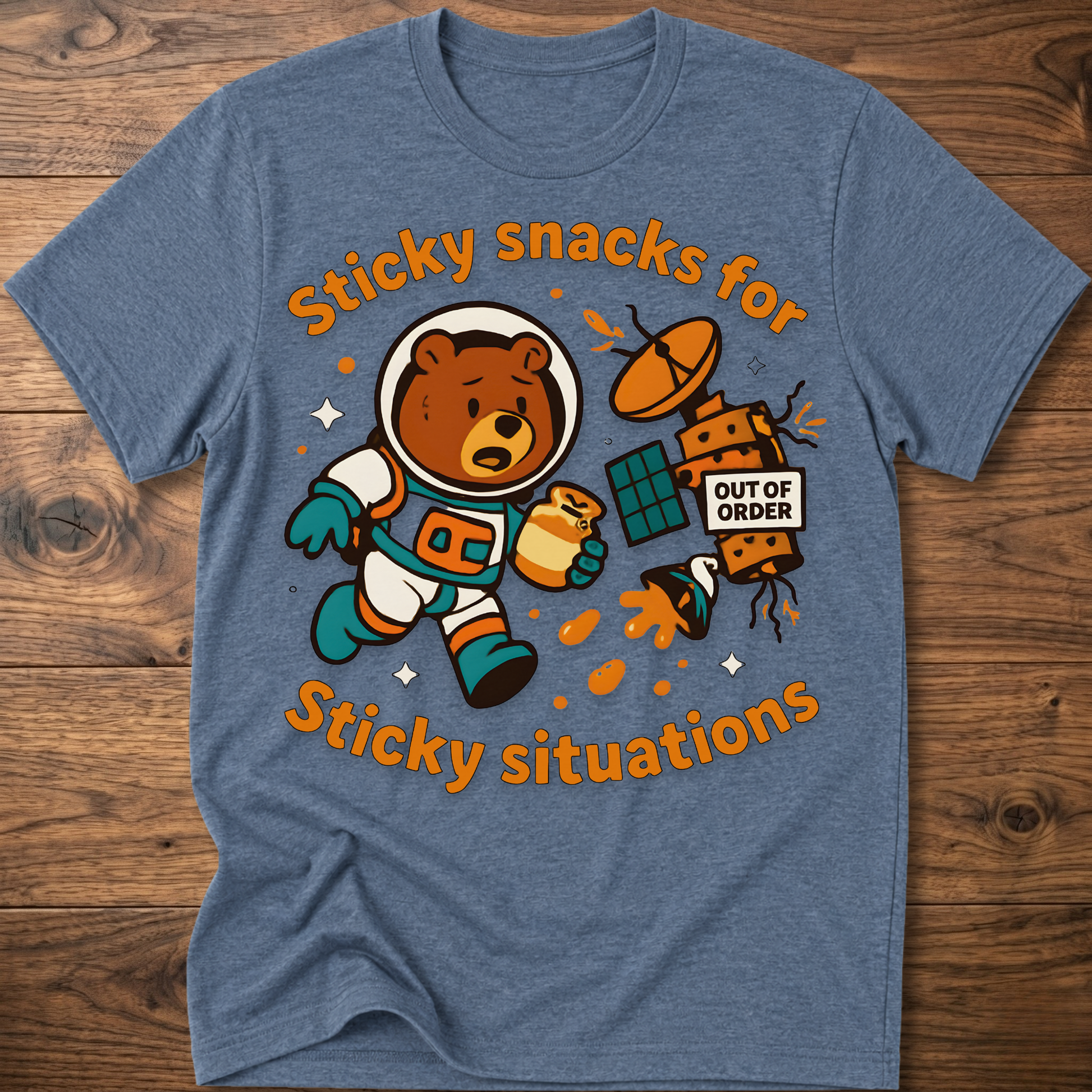 Heather blue bear graphic t-shirt with cartoon snack scene and 'Out of Order' badge