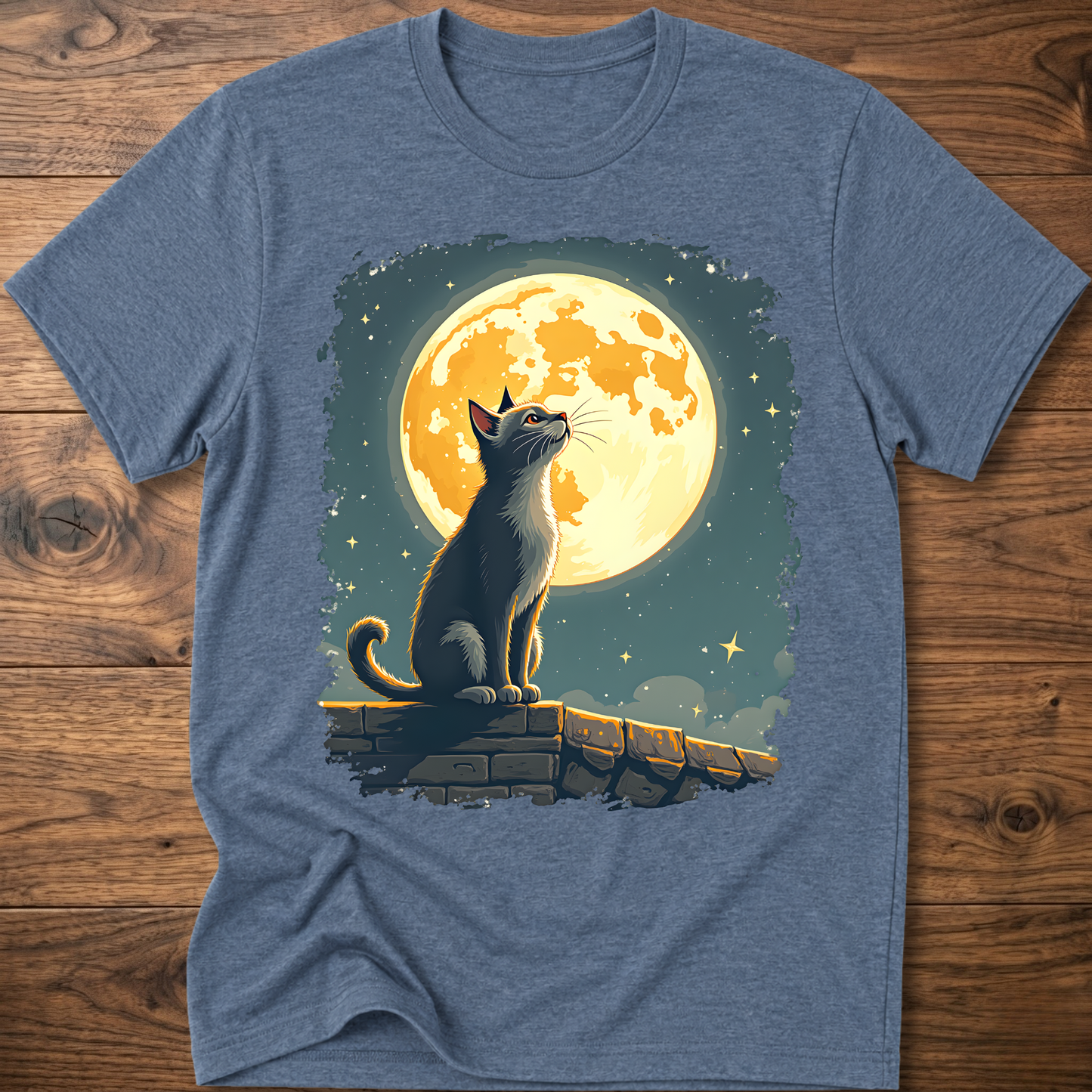 Slate blue cat graphic t-shirt with moonlit mural print