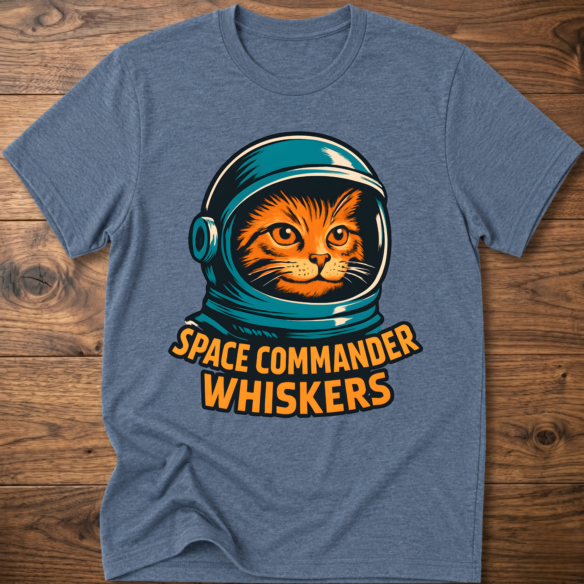 Astronaut cat graphic T-shirt, medium blue-gray; “SPACE COMMANDER WHISKERS” print