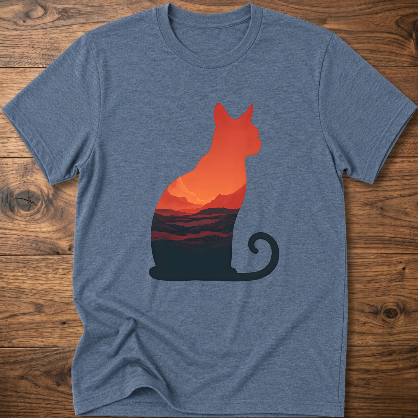 Martian cat graphic t-shirt, light blue; orange cat with sunset landscape graphic