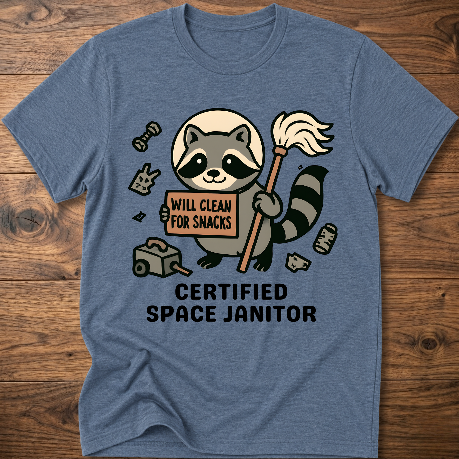 Raccoon space janitor graphic t-shirt, blue