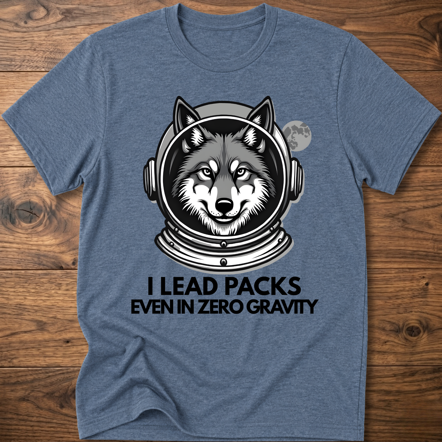 Blue T-shirt with husky astronaut graphic and "I Lead Packs Even in Zero Gravity" text