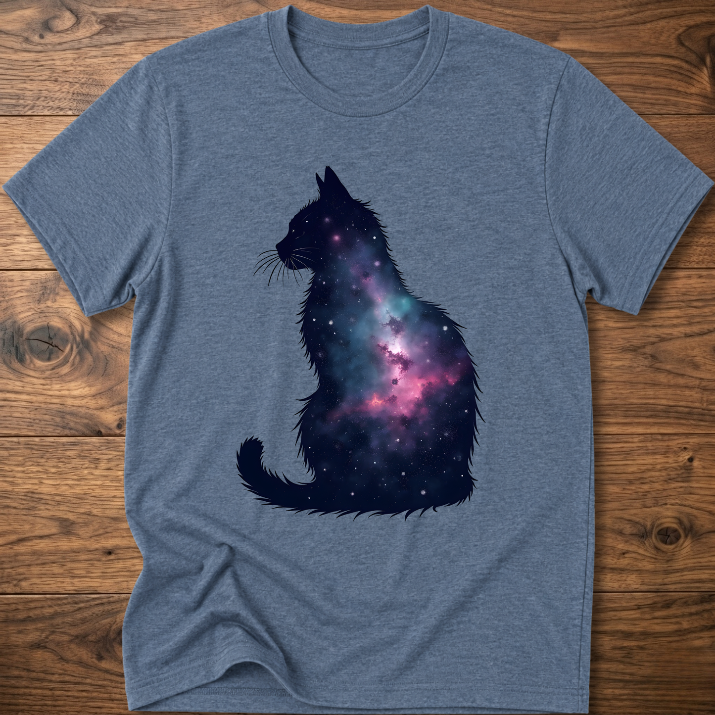 Heather light blue t-shirt with galaxy cat graphic on the front
